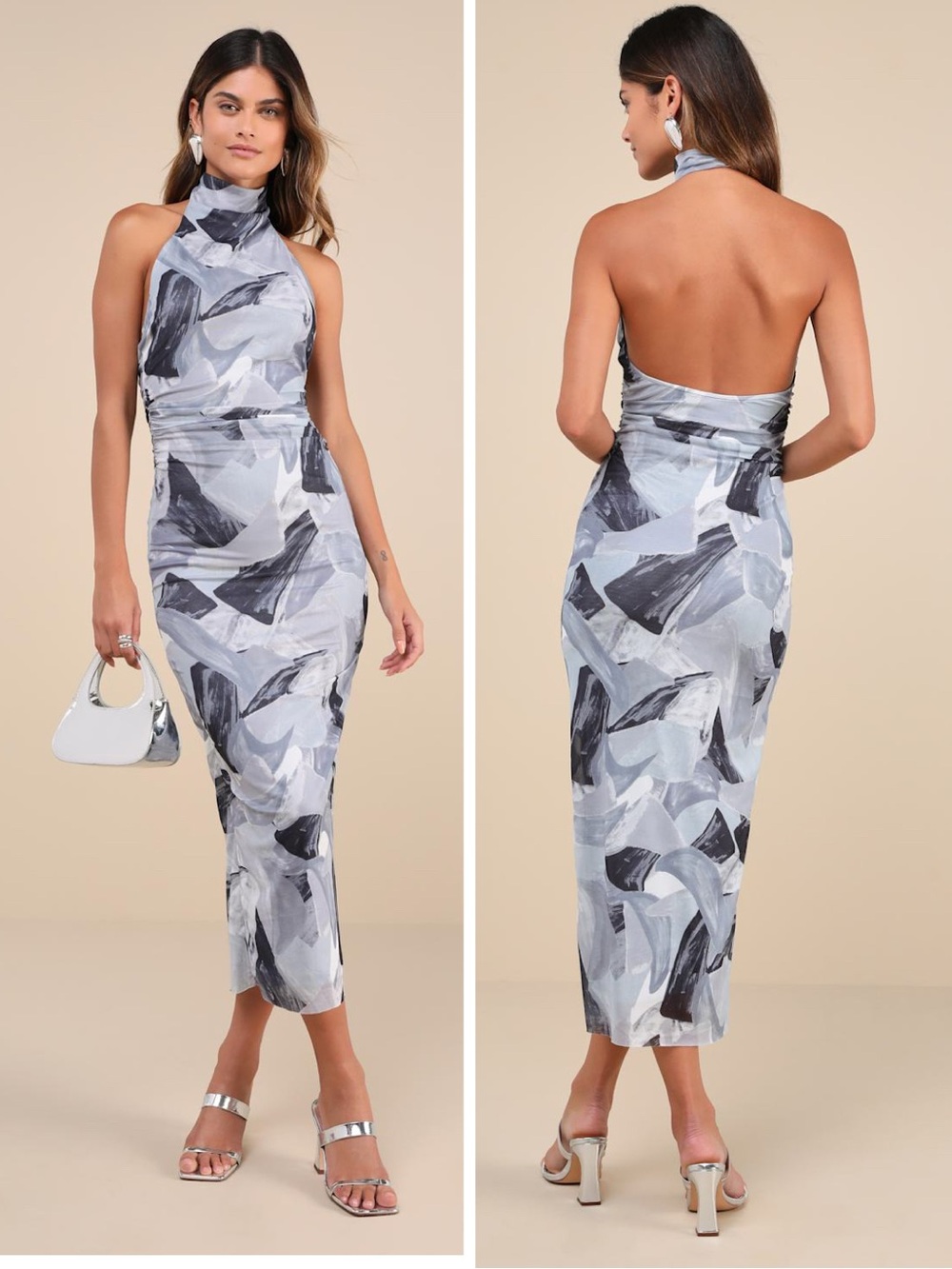 Lulus Idyllic in Ibiza Grey Abstract Print Mock Neck Halter Midi Dress Size XL
